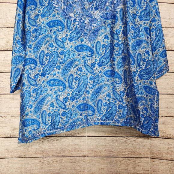 Jest Jewels Women's Size Large Blue Floral Embroidered Quarter Button Silk Blend - Picture 3 of 13